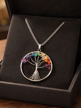 Silver Tree of Life Necklace with Rainbow Gemstones